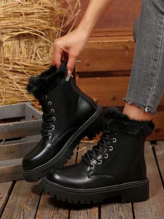 黑色系带靴，侧拉链，保暖内衬，短筒，踝靴和短靴，秋季，时尚优雅，适合办公室穿着，秋冬新款拼接设计平底女踝靴