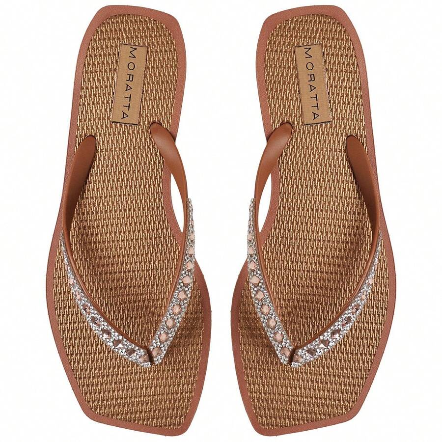 Women's Lumix Rhinestone Flip Flops With Straw Sole And Stylish Beach Flip Flops - 駝色 - 查看 1