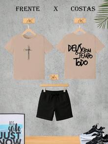 Conjunto Infantil Menino Camiseta e Bermuda PRETA Roupa Criança Masculino Verão - Caqui - Visão 2