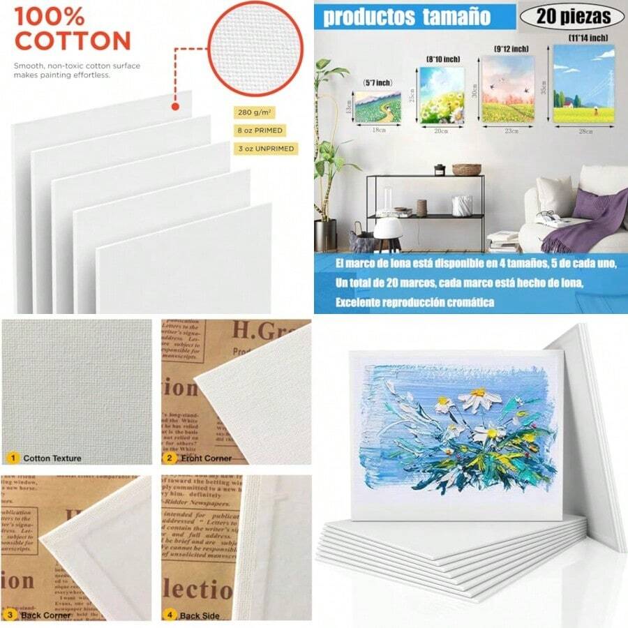 Lienzo Para Pintar Para Pintura Acrílica Y Arte Al Óleo 20 piezas 5x7 8x10 9x12 11x14 pulgadas 100% Algodón Sin Ácidos Lienzos Para Pintar Para Artistas Profesionales Pintores De Hobby Niños Y Principiantes bastidores para pintar niños - Blanco - Ver 1