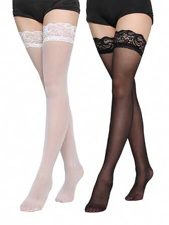 2 Pairs Black & White Fishnet Stockings, Suitable For Women's Daily And Holiday Wear, Fits Women 88-132 Lbs