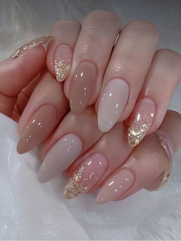 24pcs Short Almond-Shaped, Press-On Fake Nail Set, Autumn And Winter Style, Brown Glitter, Pure And Gentle Brightening And High-End, Acrylic Full Cover Overlay Manicure Kit, Perfect For DIY Art Supplies. Includes A Piece Of Jelly Glue And A Nail File, Suitable For Daily Wear, Parties, Dancing, And Gift-Giving.