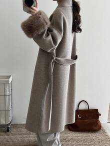 Women's Classic Shawl Collar Tie-Waist Long Double-Sided Wool Coat, Casual Extra Long Jacket For Autumn/Winter - Oatmeal - View 3