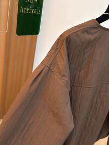 Women's Casual Jacket, Striped Woven Fabric, Pockets With Zipper, Puff Shoulder Design, Oversized Fit, Suitable For Various Figures, High-Quality Solid Color, Simple And Fashionable, Versatile For Daily Commute In Autumn/Winter - Coffee Brown - View 8