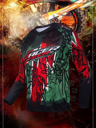 TELEYI Team RAC Motocross Racing Jersey, Polyester 100% Breathable Moisture-Wicking Long Sleeve V-Neck Top With Raglan Sleeves For Cycling, Hiking & Outdoor Activities - Laser Cut Print Design, Motorcycle Riding Gear