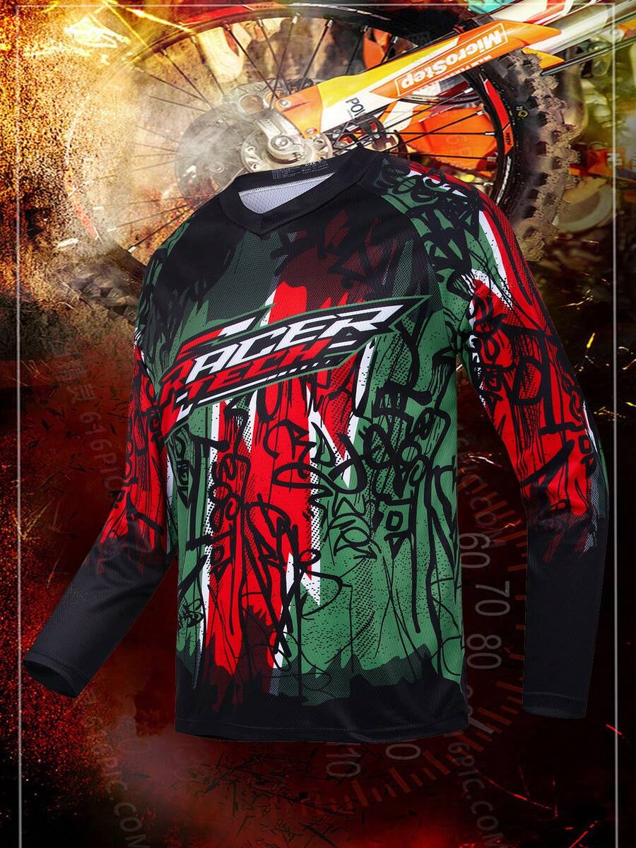 TELEYI Camiseta de motocross del equipo RAC, 100% poliéster transpirable y que absorbe la humedad, de manga larga y cuello en V con mangas raglan para ciclismo, senderismo y actividades al aire libre - Diseño con estampado láser, equipo para conducir motos - Multicolor - Ver 1