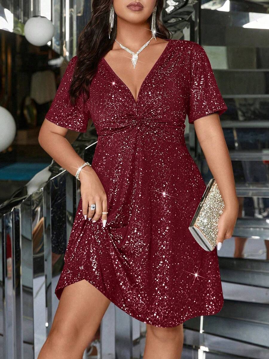 大码女式优雅 V 领亮片装饰短袖休闲连衣裙，百搭设计，适合派对和正式活动，金属装饰，松紧腰身，宽松版型，中长款 - 酒紅色 - 查看 1