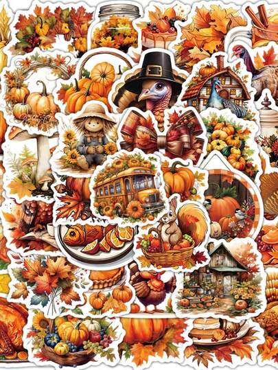 52 piezas por paquete, sin repetición, pegatinas de Acción de Gracias, pegatinas de otoño para decoración festiva, manualidades DIY, diario de arte, laptop, decoración de regalos