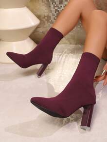 女士针织袜靴，尖头粗跟踝靴，性感风格，时尚设计，套穿弹力踝靴 - 酒紅色 - 查看 3