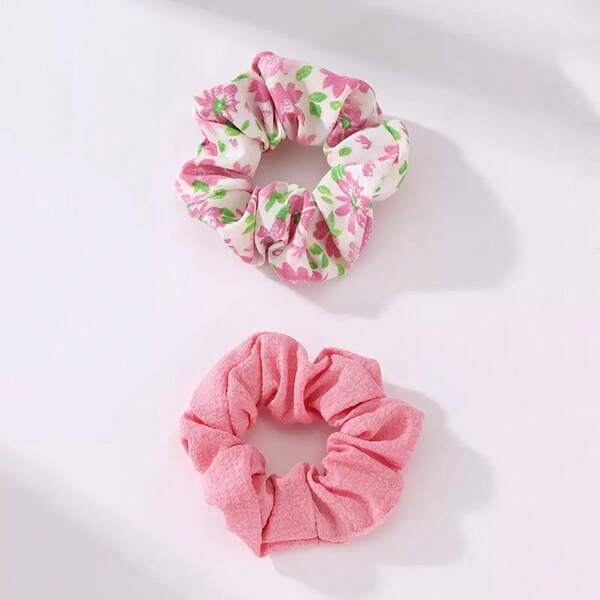 2pcs Floral Print Scrunchies, Cute & Versatile Hair Accessories For Women, Polyester ,Ponytail Holders ,Hair Elastics ,Hair Rubber Bands ,Hair Rope