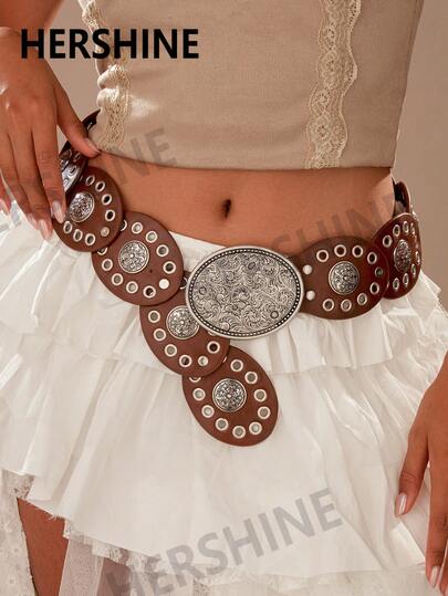 Hershine 1pc Women's Retro Western Style Sexy Belt, Punk Vintage Mesh Oval Patchwork Belt, Metal Leather Belt, Bohemian Style, Suitable For Autumn, Halloween, Daily Use