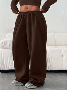 大码女式休闲宽松纯色弹力腰带口袋运动裤 冬季 - 咖啡棕 - 查看 3
