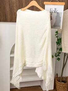 1pc Women Solid Color Poncho Asymmetrical Tassel Batwing Sleeve Sweater Cape Outerwear,Beach,Holiday - Multicolor - View 9