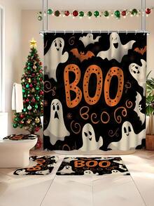 1 Set Ghost Halloween Print Shower Curtain - 1/4 Piece Shower Curtain Set With 12 Hooks - Waterproof, Non-Slip Bath Mat, Toilet Seat Cover And U-Shaped Carpet Bathroom Shower Curtain Set - Machine Washable Cartoon Bathroom Decor Curtain Set, This Is A Set Of Christmas Decorative Bathroom Supplies Suitable For All Seasons, And Is The Perfect Christmas And Halloween Gift Series For Friends And Family - Multicolor - View 7