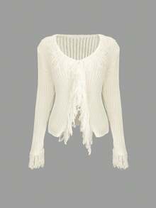 Women's Casual Design Solid Color V-Neck Slim Fit Long Sleeve Pullover Cardigan With Buttons, Tassel Trim, And Ripped Edges Fuzzy Trim Sweater Goth Punk Knit Outerwear, Spring Fall Winter - White - View 9