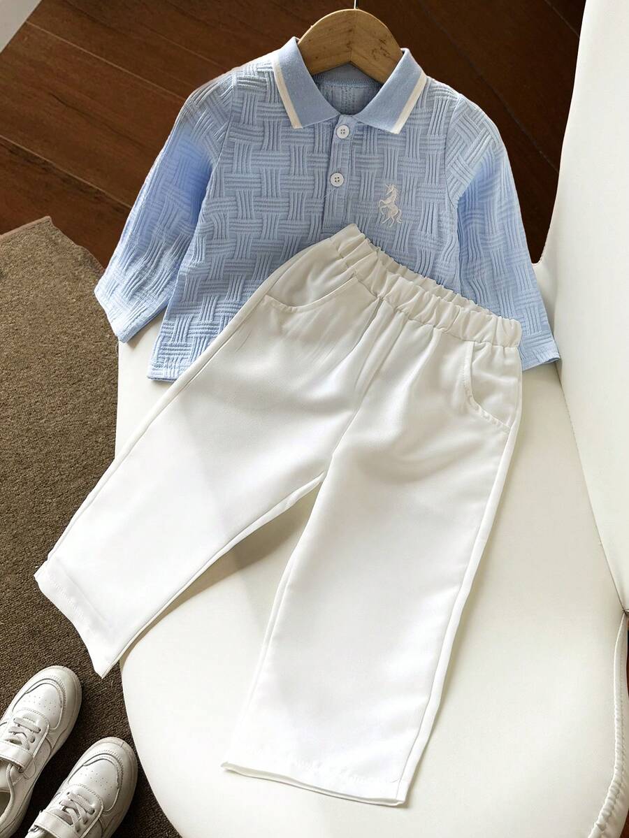 2pcs Baby Boys Polo Shirt & Pants Set, Long Sleeve T-Shirt & Trousers Outfit, Summer - Multicolor - View 1