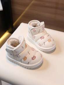 1 双儿童卡通图案合成皮革保暖钩环低帮平底可爱冬鞋，适合秋冬季日常穿着、玩耍和外出 - 白色 - 查看 4