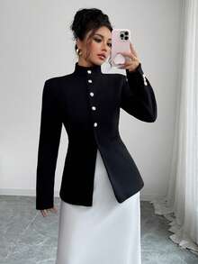 Palton elegant pentru femei, cu guler înalt, culoare solidă, cu buzunar și nasturi în față, stil business casual - Negru - Vizualizare 1