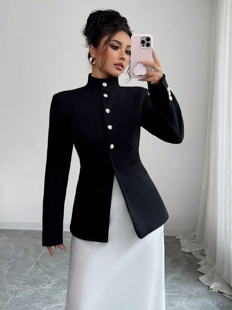 Palton elegant pentru femei, cu guler înalt, culoare solidă, cu buzunar și nasturi în față, stil business casual - Negru - Vizualizare 1