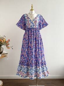 Plus Size Bohemian Style Floral V-Neck Dress, Patchwork Vintage Print Long Dress, Suitable For Vacation And Photo Shooting - Blue - View 5