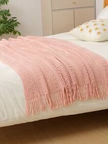 1 件卡其色针织盖毯，带流苏的休闲午睡毯，适用于卧室、客厅、沙发、椅子 - 絞花巾粉紅色 - 查看 3