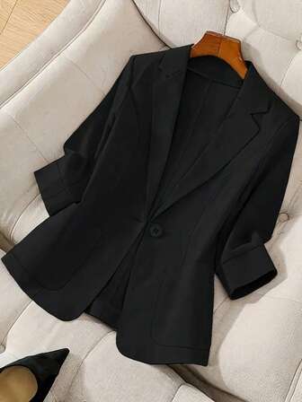 大码女式纯色翻领休闲西装外套，秋季