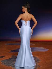 Anymoon 3D Hand Floral Ruffle Trim Mermaid Bridesmaid Dress - Blue - View 2