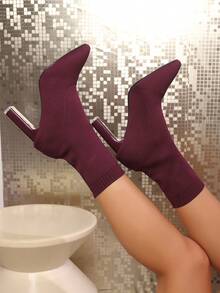 女士针织袜靴，尖头粗跟踝靴，性感风格，时尚设计，套穿弹力踝靴 - 酒紅色 - 查看 4