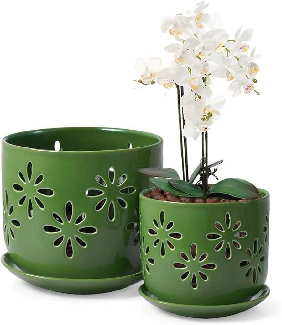 KF-Plant AccessoriesOrchid Pot With Holes, 5+6Inch Ceramic Plant Pots With Drainage Holes And Tray, Promoting Air Circulation And Drainage, Indoor/Outdoor White Flower Potsplant Garden - Green - View 1