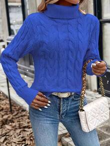 This Comfortable Regular Length Knit Pullover Is Designed For Women, Featuring A High Neck And Long Sleeves, Showcasing A Cable Knit Pattern With A Touch Of Stretch. - Blue - View 5
