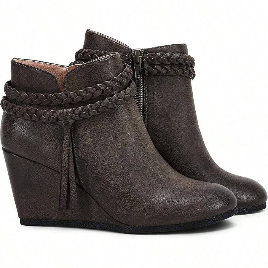Womens Wedge Ankle Boots Braided Fringe Strap Western Heeled Fall Booties Dress Shoes - 1-xám - Xem 1