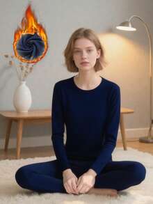 女款保暖發熱內衣套裝，極簡黑色圓領長袖上衣 + 長褲 | 內層保暖，超強保溫，透氣修身 | 適合居家休閒、城市通勤、滑雪、徒步與攀登 | 防靜電、快乾技術 | 秋冬、聖誕節及各種節日的冬季必備單品 - 藏蓝色 - 查看 6