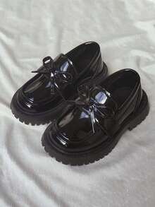 2025新款蝴蝶结百搭儿童皮鞋韩版时尚女童平底一脚蹬舞蹈鞋 - 黑色 - 查看 5