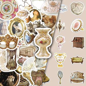 50pcs Vintage Aesthetic Ins Palace Style Decorative Stickers, Creative DIY Skateboard Notebook Office Desk Decor