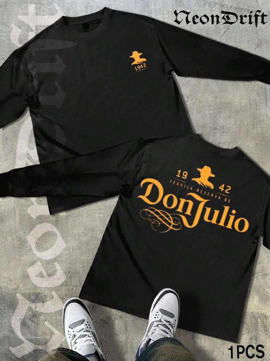 NeonDrift Double-Sided Printing Halloween, Christmas, Thanksgiving Gifts-Stylish Don Julio Graphic T-Shirt - Bold Gold Print For Casual Wear, Perfect For Music Festivals And Night Out Events,  Design For Men - 黑色 - 查看 1
