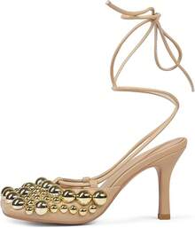 Saint Leia Women's 4IN High Heel Sandals Nude Stiletto Pumps With Gold Silver Pearls Heels For Weddings Parties And Evening WearChristmas - 裸金 - 查看 4
