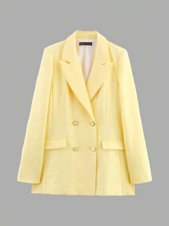 Spring/Autumn Solid Color Padded Shoulder Double-Breasted Blazer