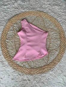 Zero Sleeve Asymmetrical Crepe One Shoulder Pantaloon Set - Màu Hồng baby - Xem 8