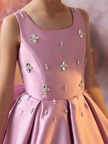 少女薰衣草串珠蝴蝶结拖尾连衣裙，优雅派对礼服，公主裙，适合女孩的生日派对、宴会、晚会、舞会、伴娘、花童婚礼、节日庆典