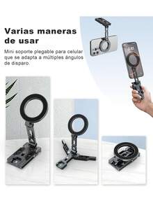 Trípode Selfie Mini Magnético de Aluminio Plegable para Bolsillo - Compatible con 12/13/14/15/16 y Teléfonos Android, Ajustable, Color Gris - Gris - Ver 3