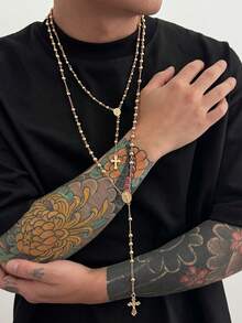 2pcs Fashionable Casual Minimalist Cross Pendant Necklace Set, Personalized Beaded Chain Y-Necklace, Suitable For Daily Wear, Party, And Holiday Gifts