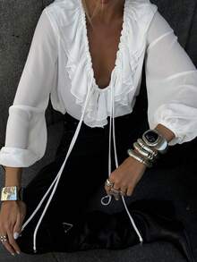 Damen Lässig und elegant einfarbige doppellagige Rüschen V-Ausschnitt dünne Träger normale Schulter locker plissierte Puffärmel Bluse mit Rüschenkragen, Langarm Schnürung Büro Arbeitsbluse, Frühling Sommer Herbst - Weiss - Übersicht 7