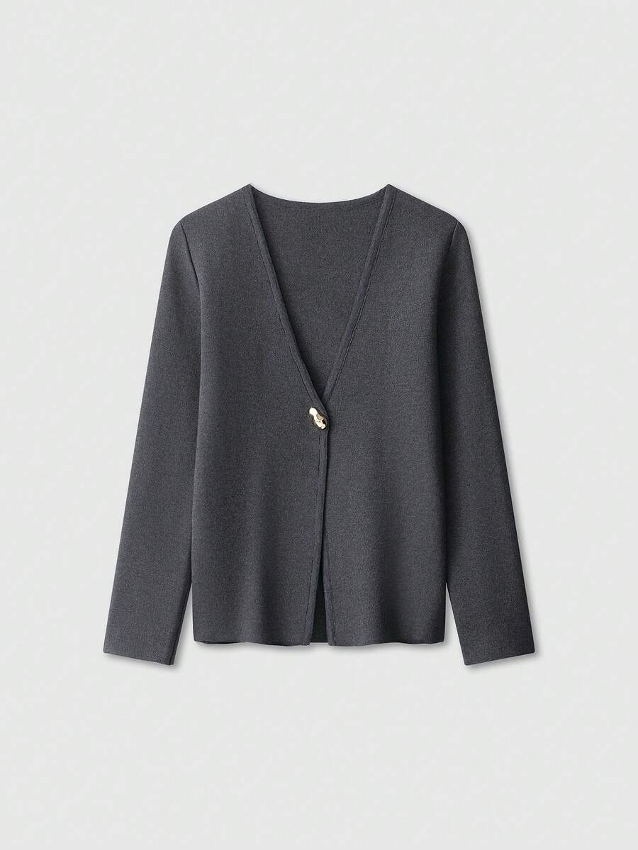 V-Neck Solid Color Casual Knit Sweater With Metal Buttons, Suitable For Spring/Autumn/Winter - Dark Grey - View 1