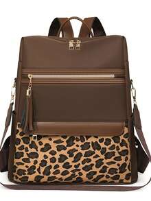 Rucsac anti-furt cu ciucuri și imprimeu leopard, poșetă pentru femei, geantă de zi la modă multifuncțională, geantă de călătorie ușoară cu mai multe buzunare, geantă de școală simplă cu capacitate mare, geantă de cărți convenabilă, pentru studenți, călătorii în vacanță, călătorii de afaceri, naveta zilnică, cumpărături, birou, întâlniri, activități în aer liber, cadou de ziua de naștere, cadou de sărbători, rucsacuri