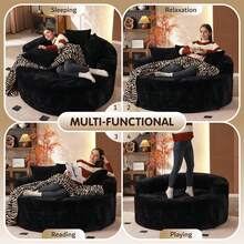 Ovios 55" Oversized Round Chair Lounge Chaise Indoor, No Assembly Required, Cloud Large Circle Chair With Plush Fuax Fur, Fluffy Modern Sleeper Sofa Bed For Reading Yoga, Black (Plush Corduroy Fabric) - 黑色(毛絨燈芯絨布料) - 查看 4