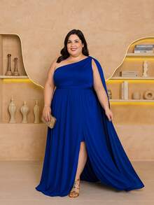 Women's Long Dress Plus Size With Cape Party Wedding Bride Graduation Bridesmaids Elegant Party Mesh With Belt Timeless - 寶藍色 - 查看 2