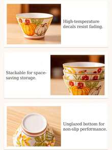 2/4 件陶瓷碗勺套装，南瓜图案餐具，400 毫升/13.5 盎司乡村风格早餐燕麦碗、酸奶碗、沙拉碗、甜点碗，适用于洗碗机、烤箱、微波炉，适用于家庭、厨房、餐厅、派对、宴会、万圣节礼物 - 彩色 - 查看 12