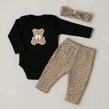 Sempre Bebê Baby Girl Clothes Set Kit, Female Long Sleeve Bodysuit, Blogger Pants, Outfit, Bear, Leopard Bow Set - 米色 - 查看 7