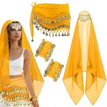 4 件套肚皮舞套装肚皮舞雪纺臀巾、头巾腕带舞蹈配饰带金币 - 彩色 - 查看 21