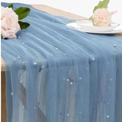 1pc Romantic Pearl Lace Table Runner, Wedding Arch Decor, Bridal Shower Gift Fabric, Romantic Pearl Lace Tablecloth, Suitable For Events, Embroidered Transparent Wrinkle-Resistant White Dessert Table